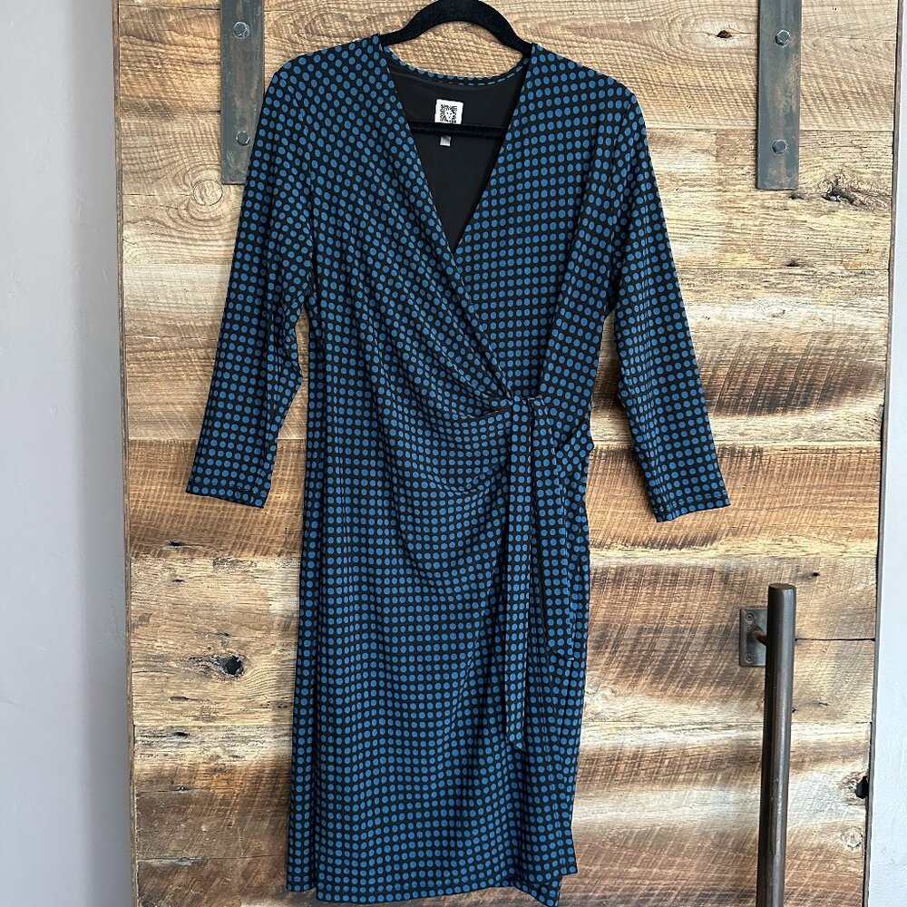 Anne Klein Navy and Black Polka Dot Midi Wrap Dress